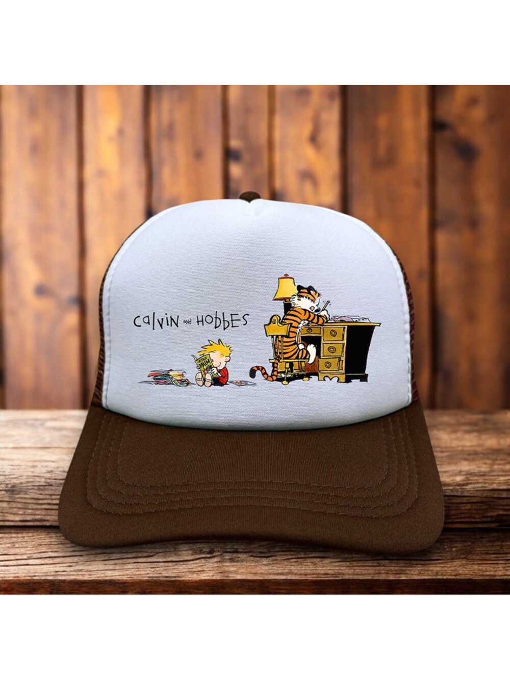 Calvin And Hobbes Mens Trucker Hat Brown Snapback 1985 Comic Strip Baseball Cap